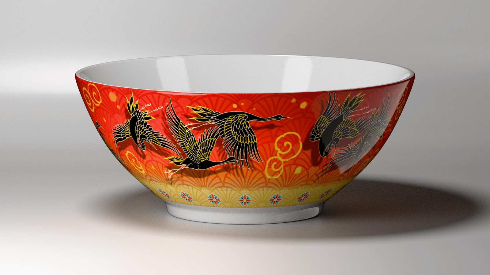 Dancing Crane bowl, red on white