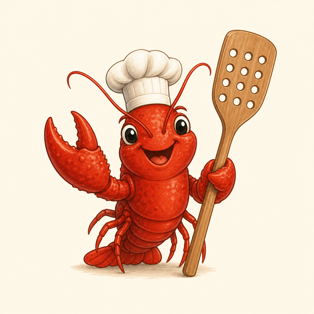 Chef Clawdia, a whimsical red crawfish chef mascot holding a boil paddle